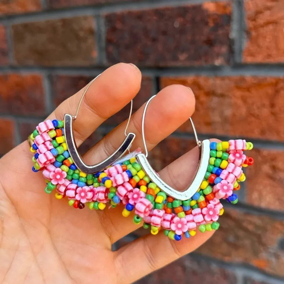 Anthropologie Multi Colored Beaded Hoop Earrings - Picture 11 of 11